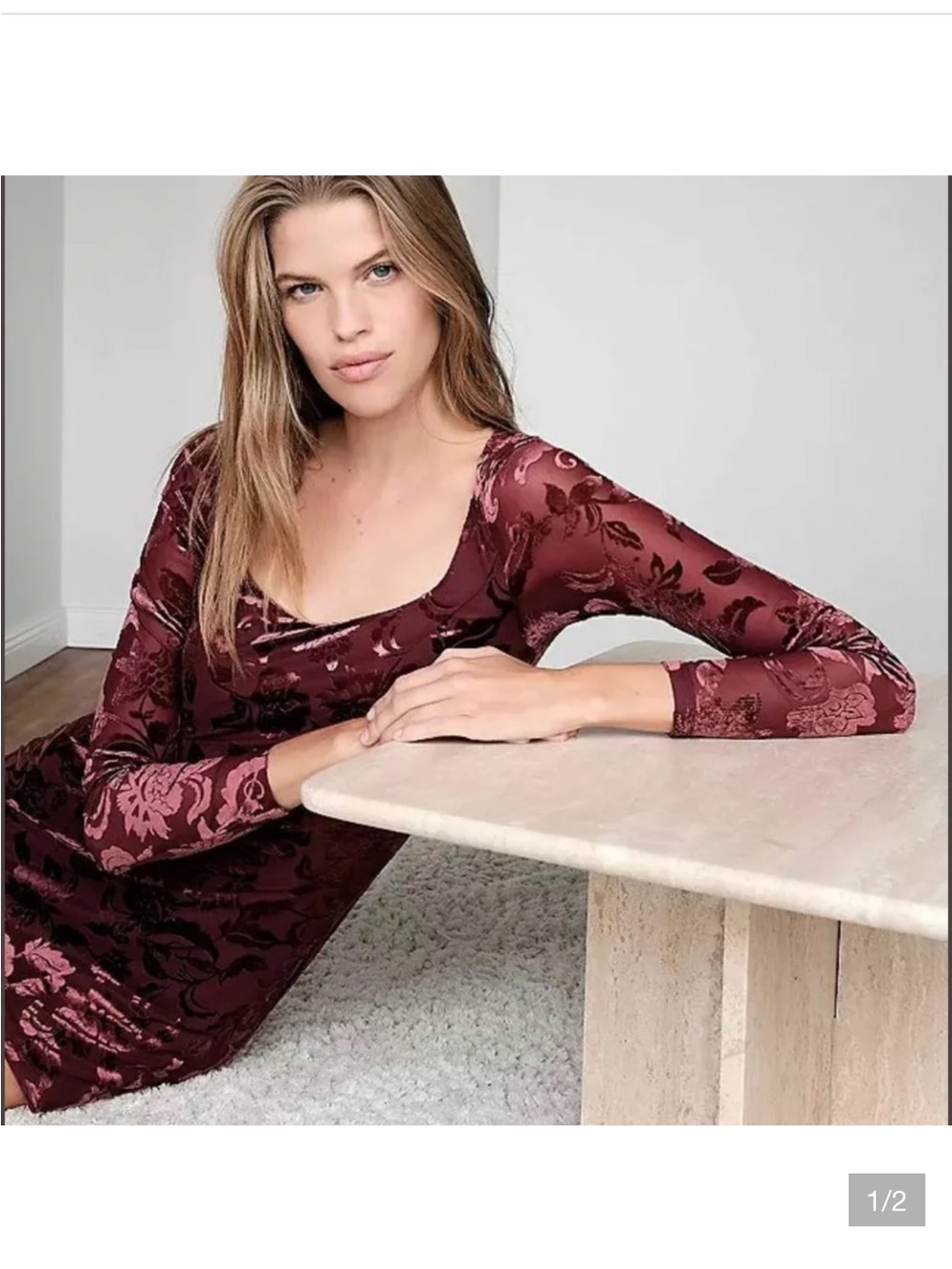 Free People Burgundy Velvet Sheer Mini Dress Sz S Long Sleeve